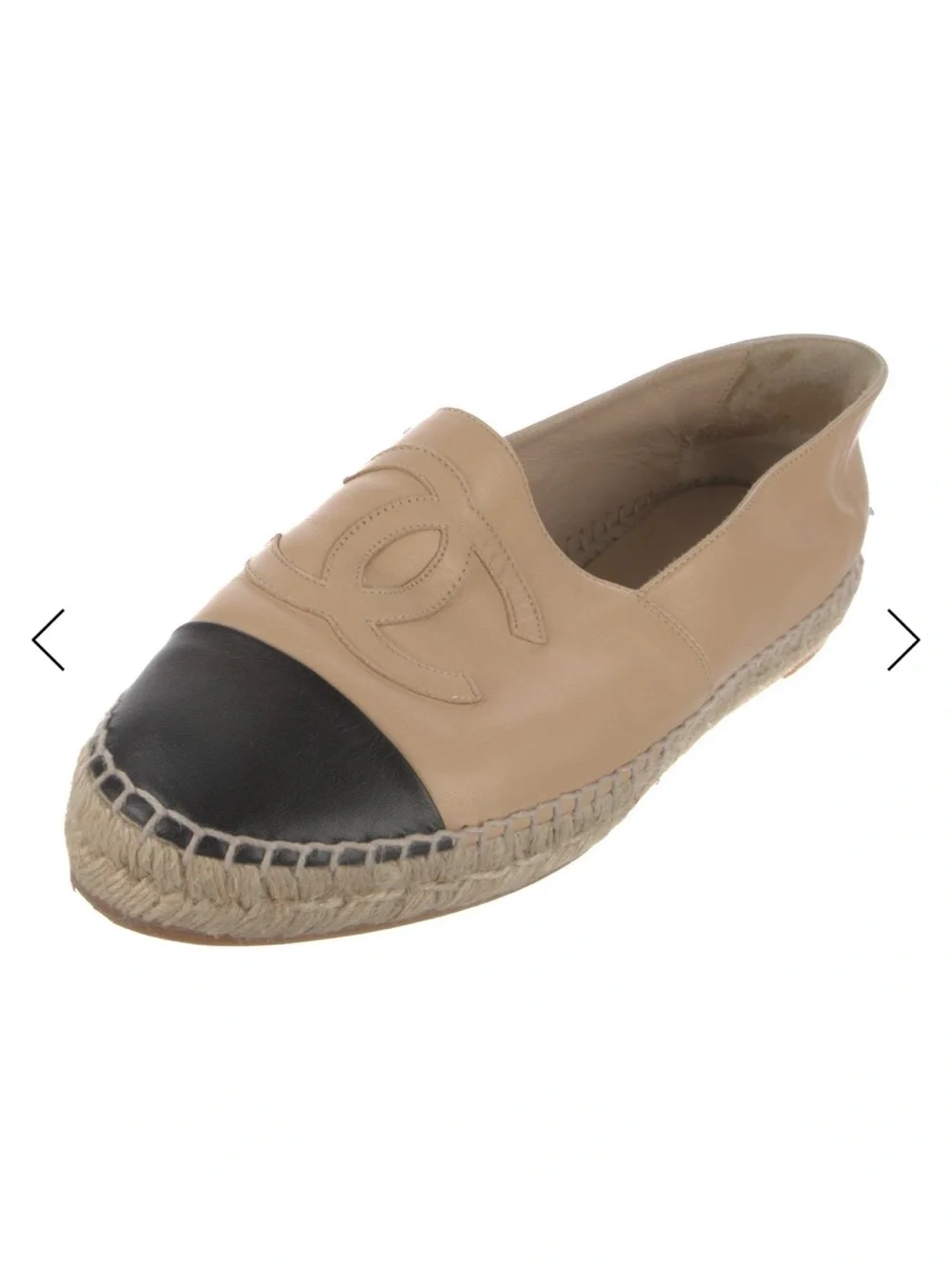 NEW Authentic CHANEL Beige Leather Logo Espadrilles with Black Cap Toe Sz 41/10